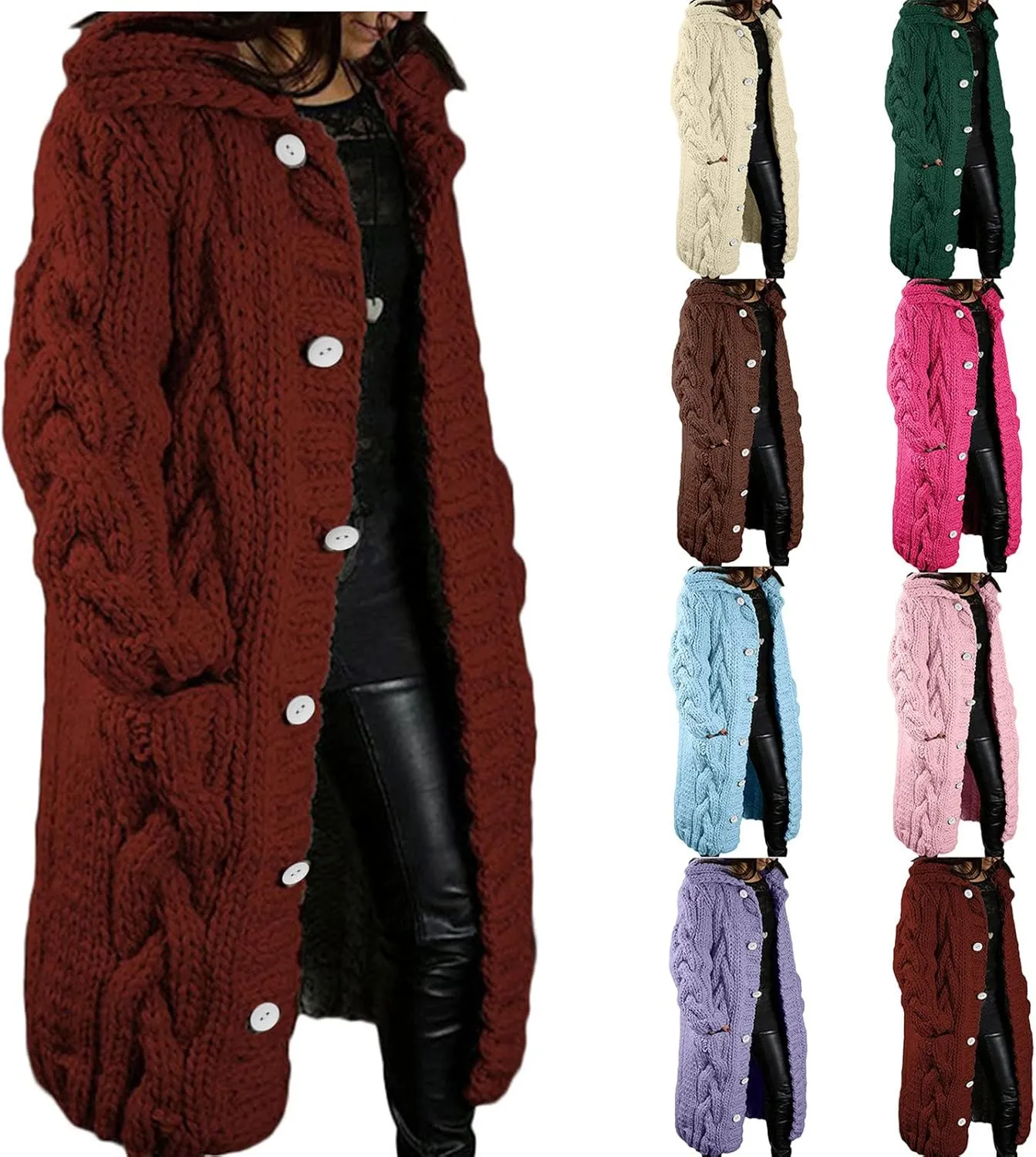 TIMIFIS Plus Size Cardigan Sweaters for Women Winter Knitted Long Coats Casual Buttons Jackets Solid Overcoat with Pocket