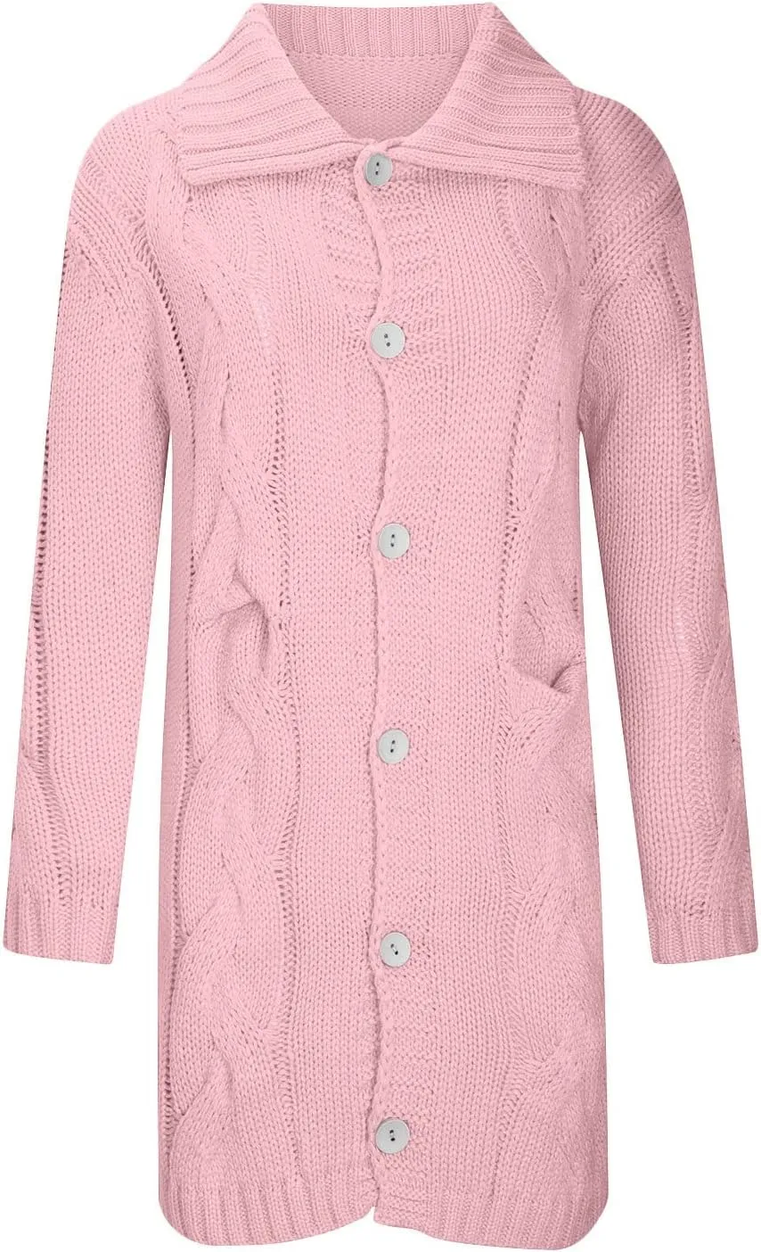 TIMIFIS Plus Size Cardigan Sweaters for Women Winter Knitted Long Coats Casual Buttons Jackets Solid Overcoat with Pocket