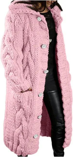 TIMIFIS Plus Size Cardigan Sweaters for Women Winter Knitted Long Coats Casual Buttons Jackets Solid Overcoat with Pocket