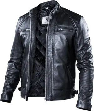 TLC Men's Genuine Leather Motorcycle Jacket - Lambskin Diamond Quilted Leather Jacket, Cafe Racer Leather Jacket