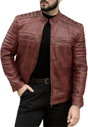 TLC Men's Genuine Leather Motorcycle Jacket - Lambskin Diamond Quilted Leather Jacket, Cafe Racer Leather Jacket