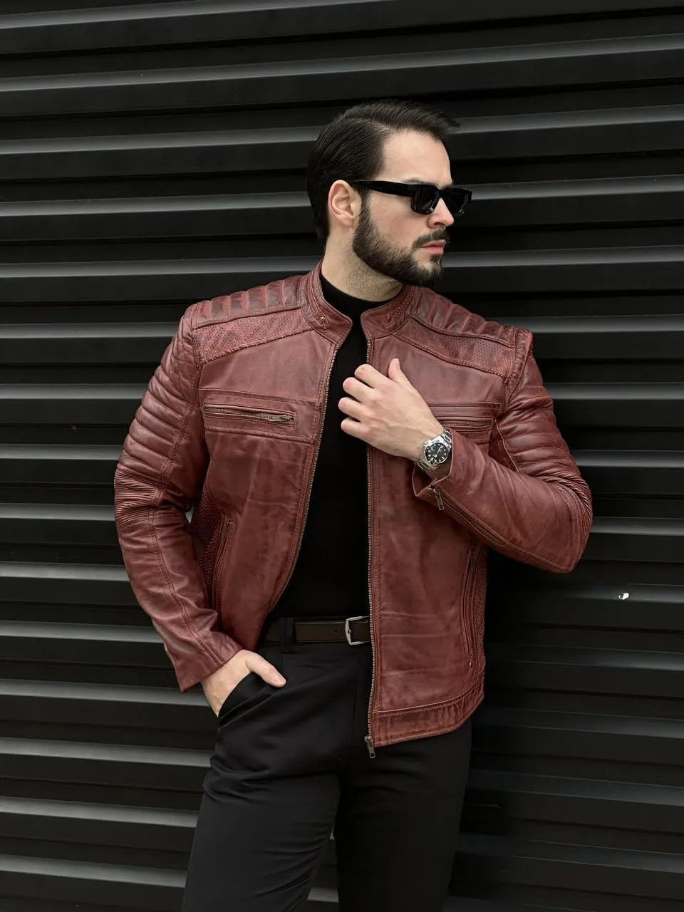 TLC Men's Genuine Leather Motorcycle Jacket - Lambskin Diamond Quilted Leather Jacket, Cafe Racer Leather Jacket