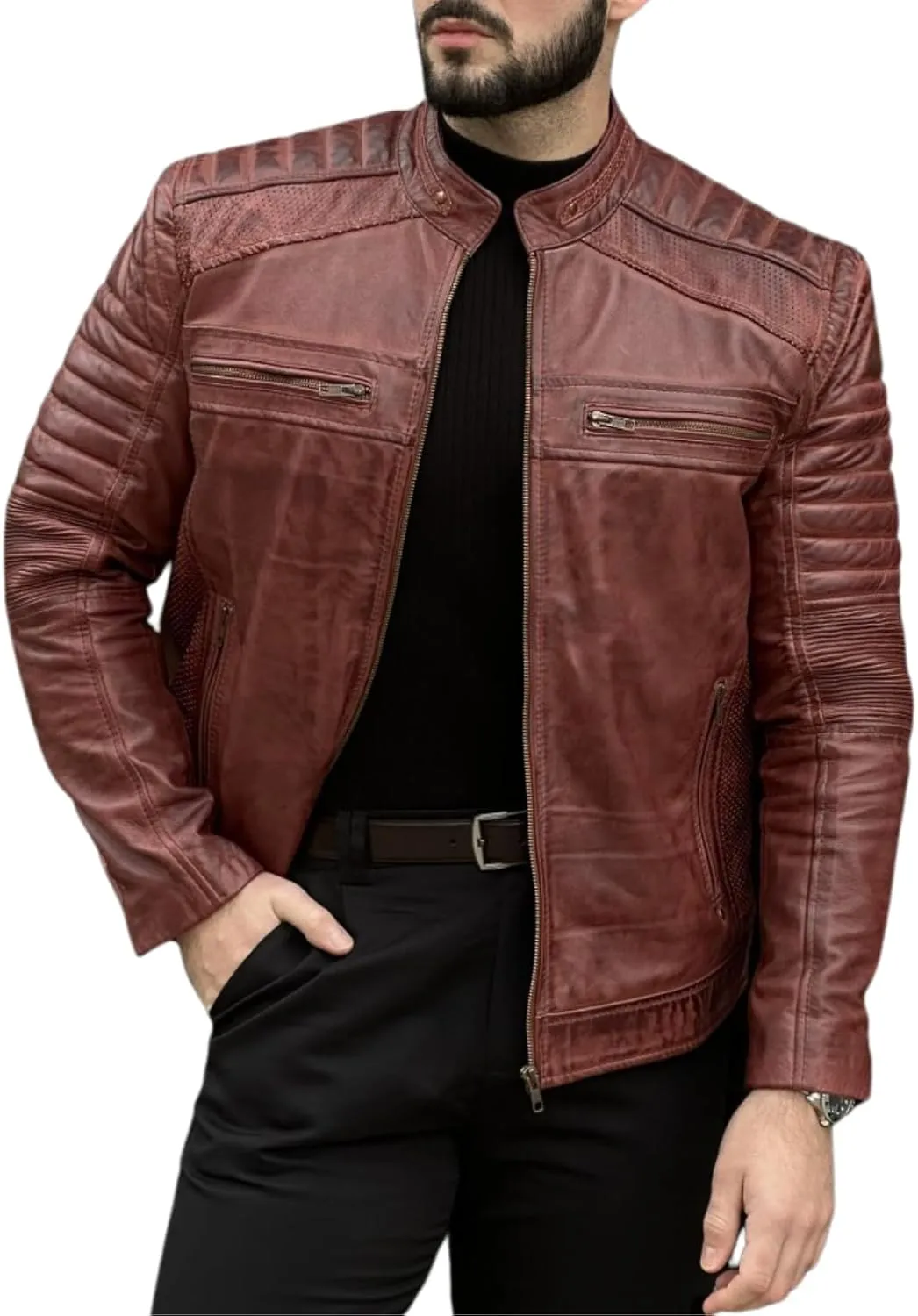 TLC Men's Genuine Leather Motorcycle Jacket - Lambskin Diamond Quilted Leather Jacket, Cafe Racer Leather Jacket