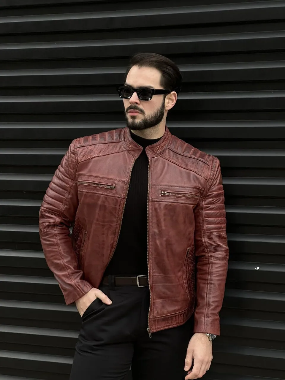 TLC Men's Genuine Leather Motorcycle Jacket - Lambskin Diamond Quilted Leather Jacket, Cafe Racer Leather Jacket