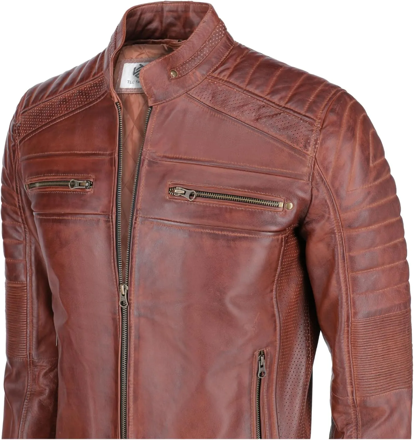 TLC Men's Genuine Leather Motorcycle Jacket - Lambskin Diamond Quilted Leather Jacket, Cafe Racer Leather Jacket