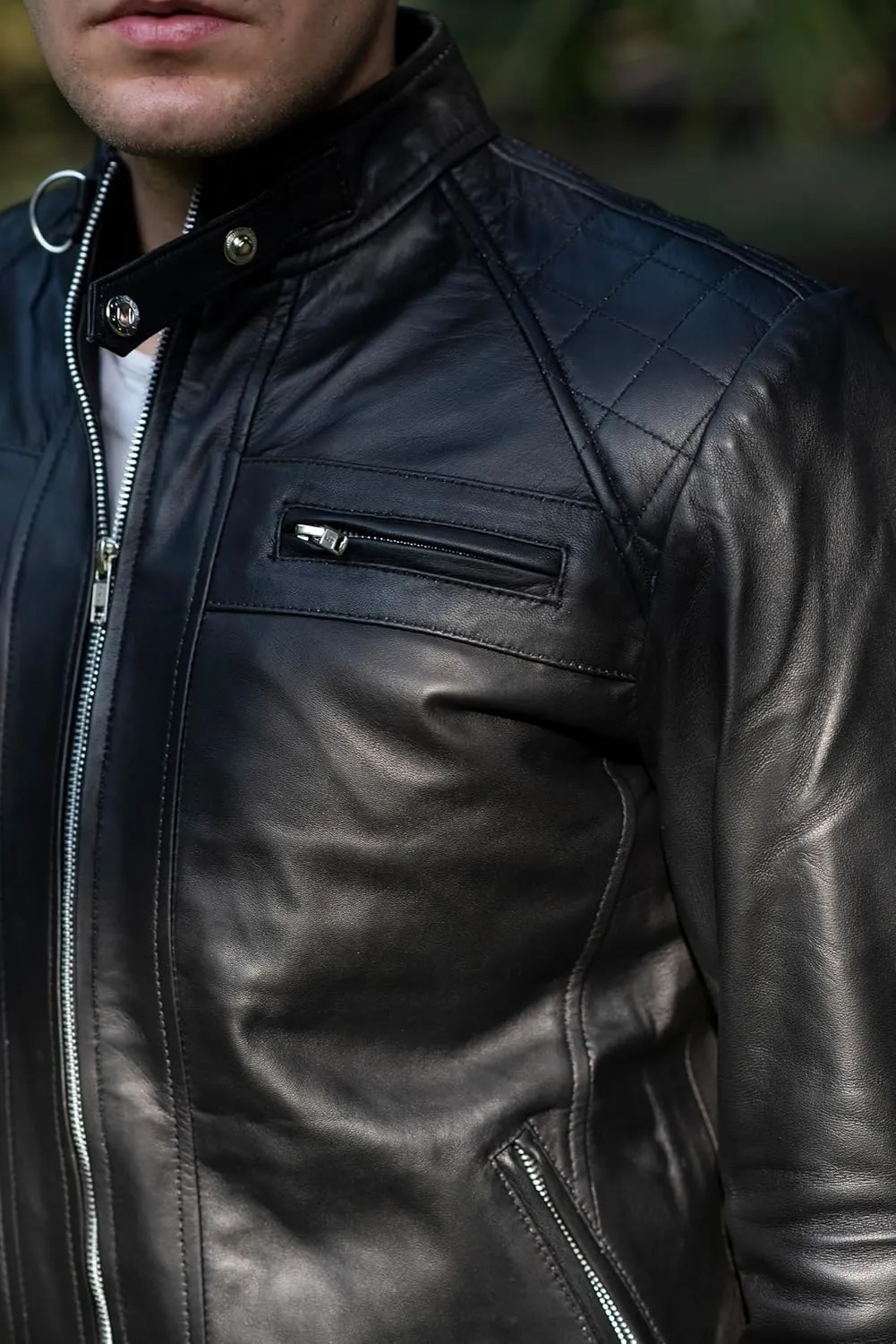 TLC Men's Genuine Leather Motorcycle Jacket - Lambskin Diamond Quilted Leather Jacket, Cafe Racer Leather Jacket