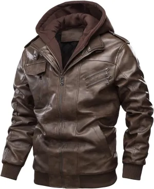 tuduoms Mens Oversized Faux Leather Jacket Vintage Motorcycle Black Leather Jacket Warm Hooded Anorak Bomber Winter Coat