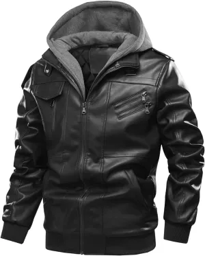 tuduoms Mens Oversized Faux Leather Jacket Vintage Motorcycle Black Leather Jacket Warm Hooded Anorak Bomber Winter Coat