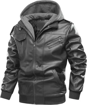 tuduoms Mens Oversized Faux Leather Jacket Vintage Motorcycle Black Leather Jacket Warm Hooded Anorak Bomber Winter Coat