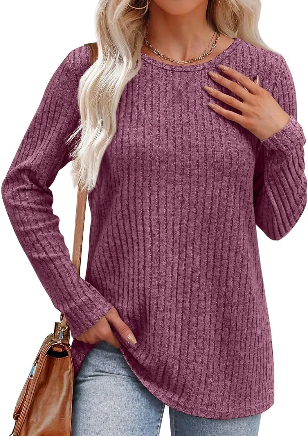 Tunic Sweaters for Women Crewneck Long Sleeve Shirts Lightweight Sweater Baggy Cute Cotton Knit Blouse Fall Clothes