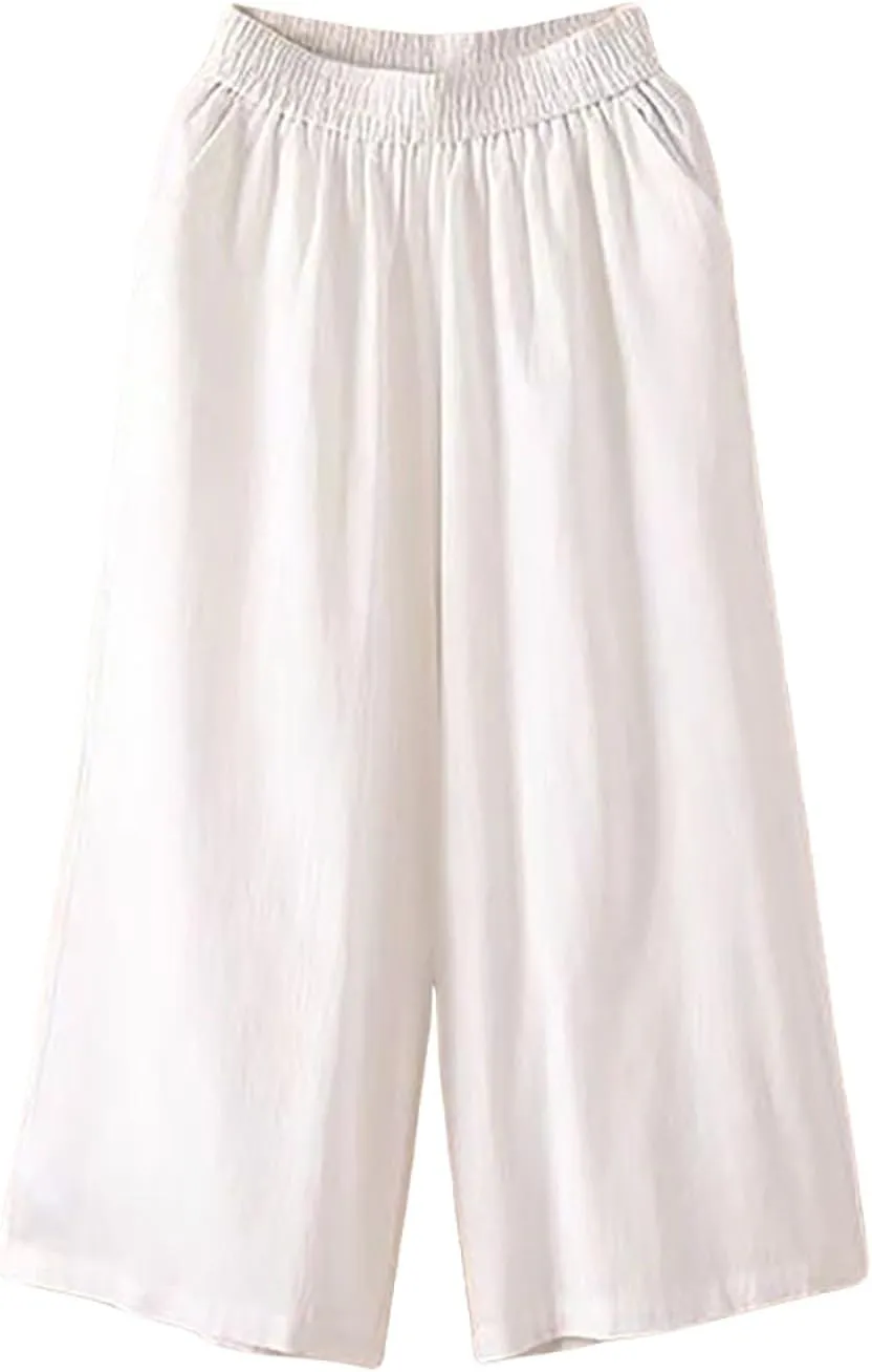 Ultra Wide Leg Linen Pants Casual Baggy Elastic Waist Cropped Pants Summer Boho Palazzo Trousers with Pockets