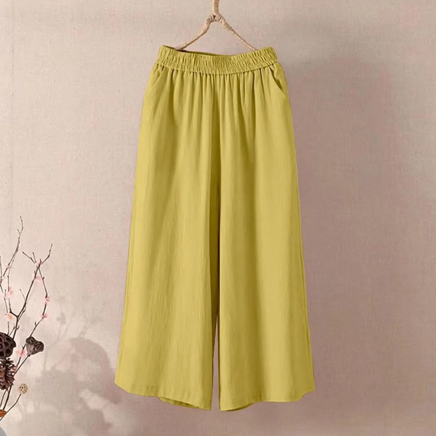Ultra Wide Leg Linen Pants Casual Baggy Elastic Waist Cropped Pants Summer Boho Palazzo Trousers with Pockets