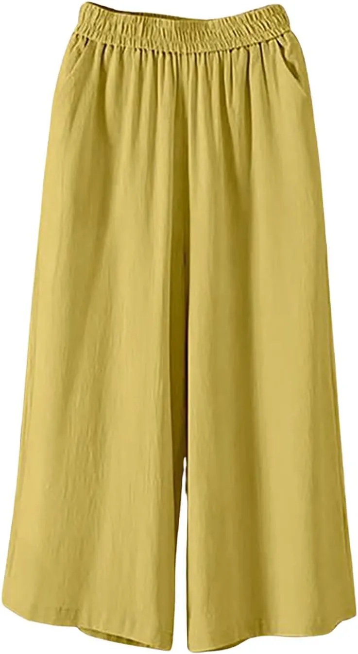 Ultra Wide Leg Linen Pants Casual Baggy Elastic Waist Cropped Pants Summer Boho Palazzo Trousers with Pockets