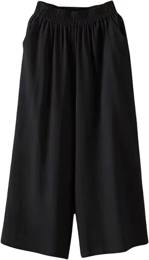 Ultra Wide Leg Linen Pants Casual Baggy Elastic Waist Cropped Pants Summer Boho Palazzo Trousers with Pockets