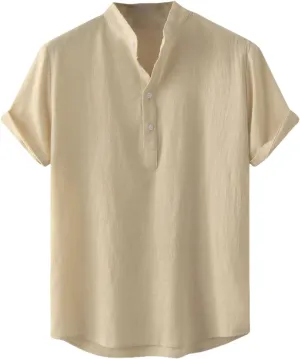 USTZFTBCL Men's Summer Cotton Linen Stand Collar Casual Beach Short Sleeve Shirt