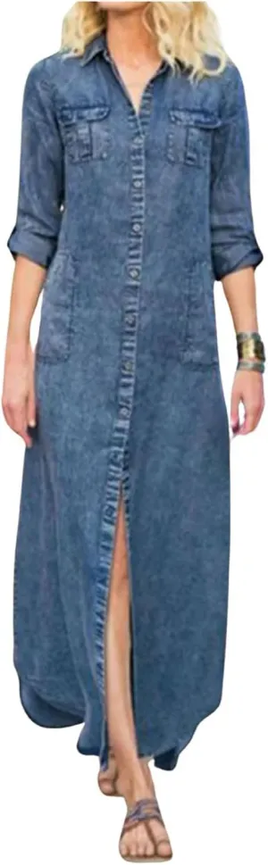 utcoco Womens Denim Shirt Dress Vintage Lapel Long Sleeve Casual Button Down Maxi Jean Dresses