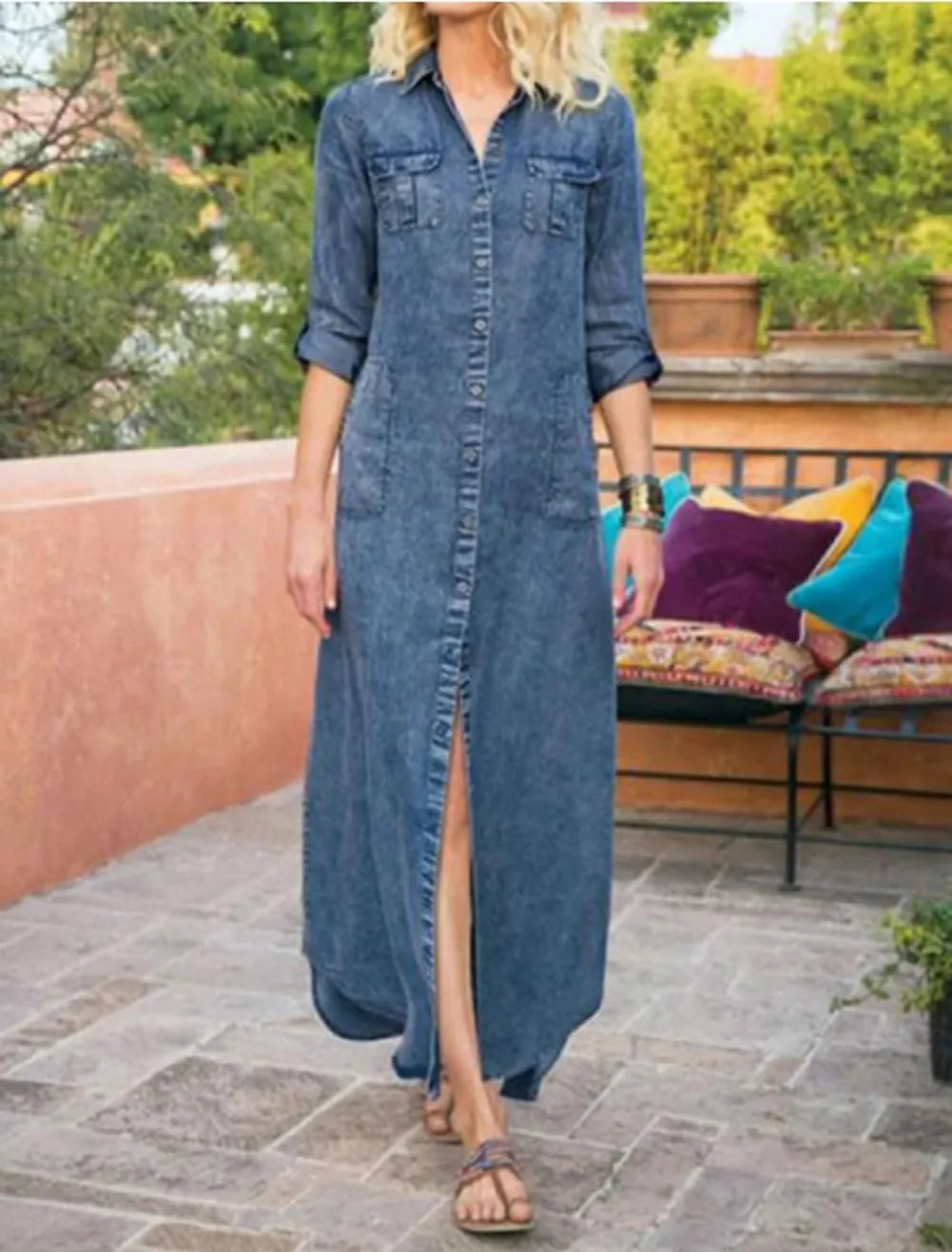 utcoco Womens Denim Shirt Dress Vintage Lapel Long Sleeve Casual Button Down Maxi Jean Dresses