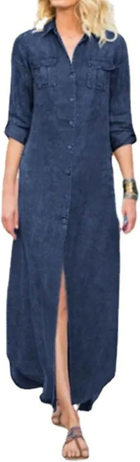 utcoco Womens Denim Shirt Dress Vintage Lapel Long Sleeve Casual Button Down Maxi Jean Dresses