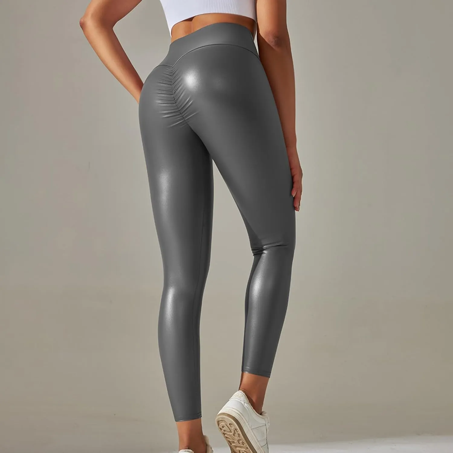 V Back Faux Leather Leggings Women Scrunch Butt Lifting V Cut Waist Shaped Ruched Squat Proof Leggings