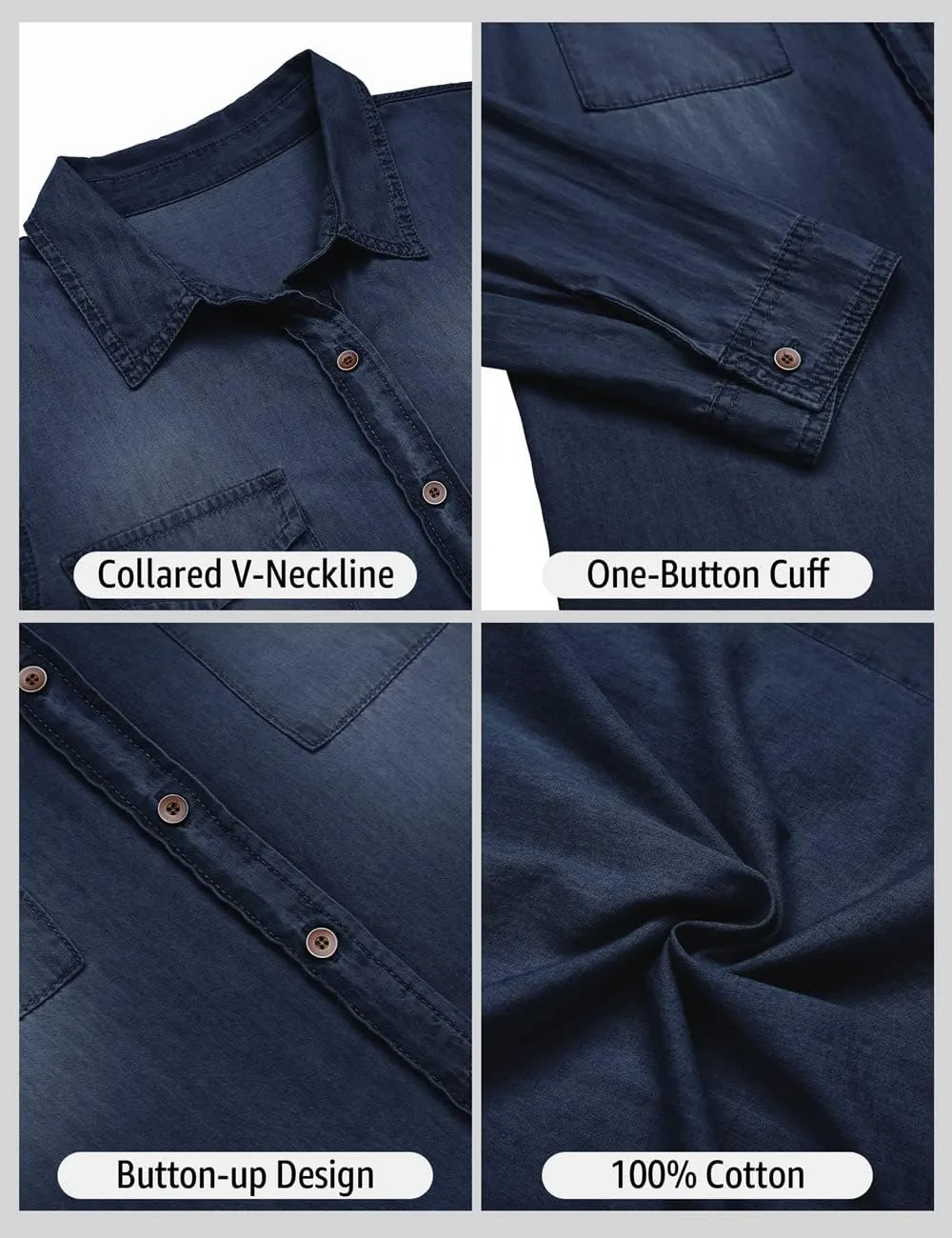 Vetinee Women's Button Down Denim Shirt Collared Casual Long Sleeve Pocket Tops