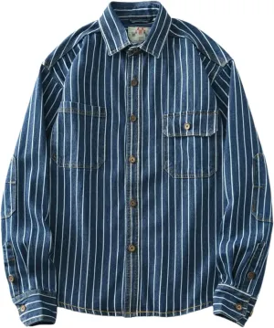 Vintage Washed Stripe Denim Shirt Men's Loose Cotton Long Sleeve Shirt Jacket