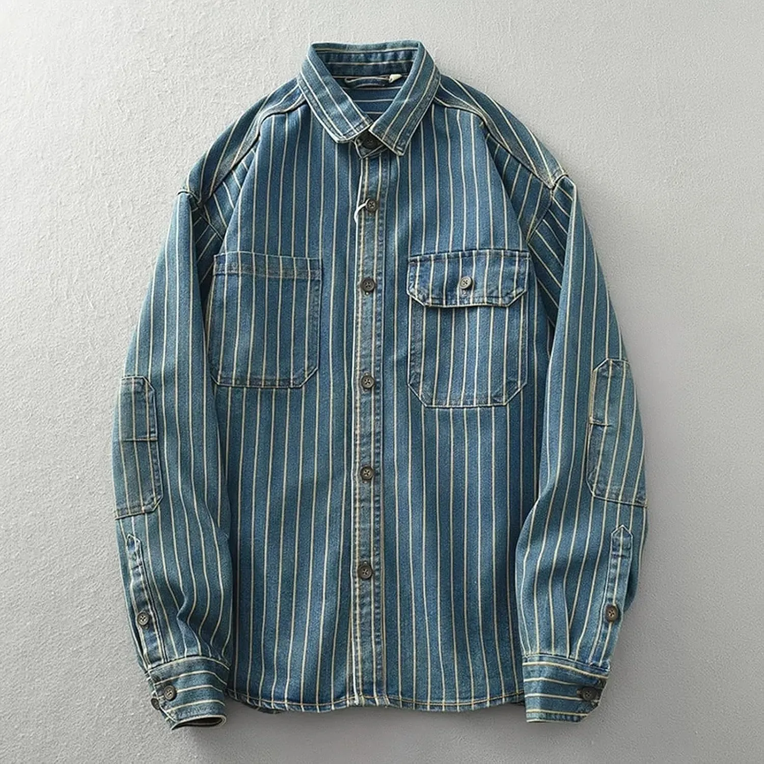 Vintage Washed Stripe Denim Shirt Men's Loose Cotton Long Sleeve Shirt Jacket