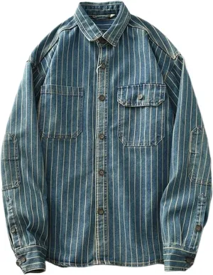 Vintage Washed Stripe Denim Shirt Men's Loose Cotton Long Sleeve Shirt Jacket