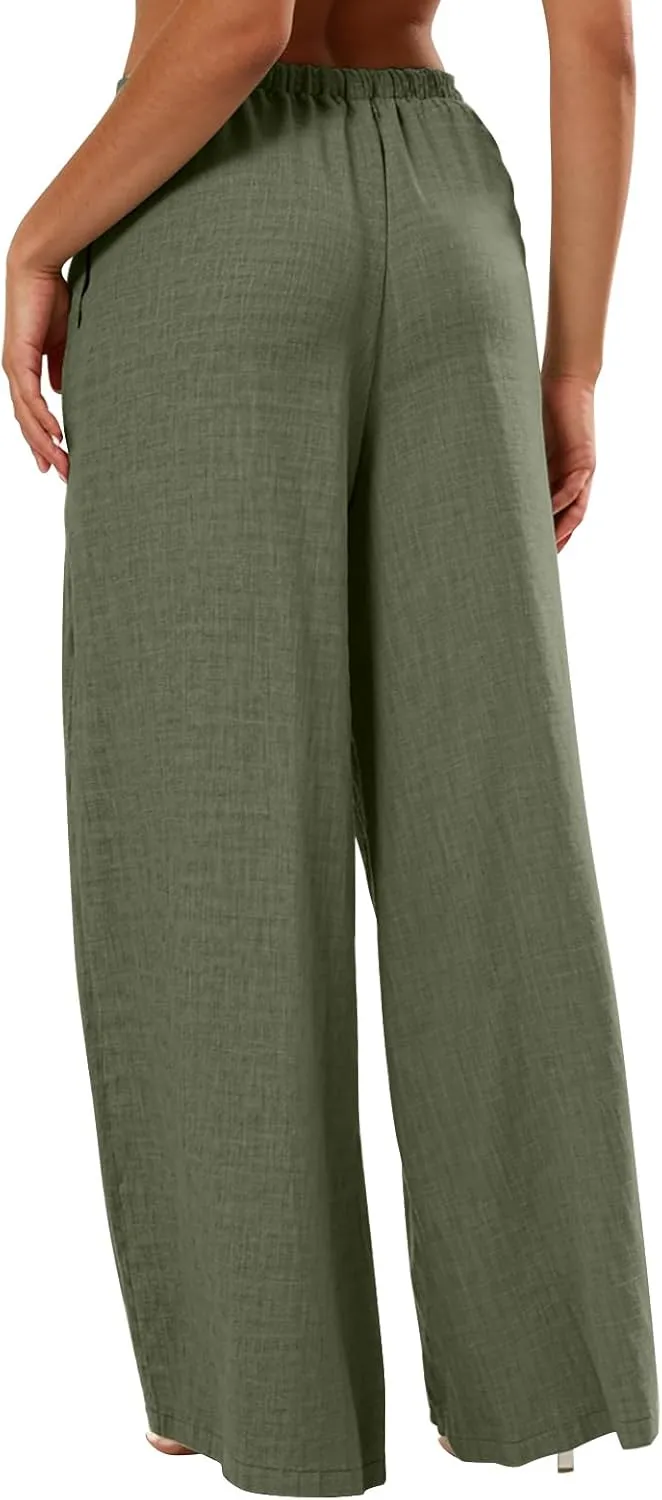 Wide Leg Linen Pants for Women Baggy Lightweight Summer Pants Casual Elastic Drawstring Waist Flowy Boho Beach Pants