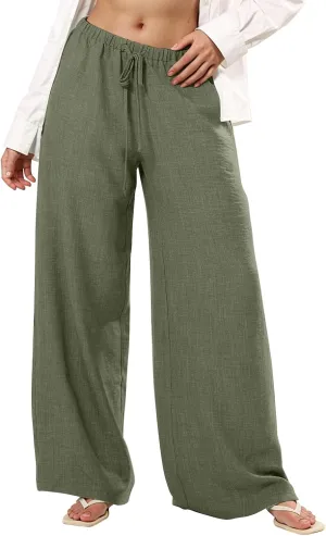 Wide Leg Linen Pants for Women Baggy Lightweight Summer Pants Casual Elastic Drawstring Waist Flowy Boho Beach Pants