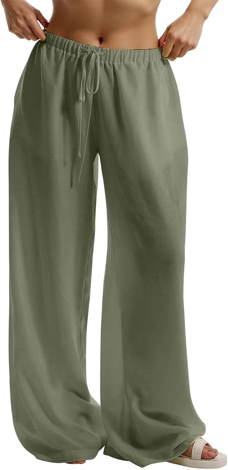 Wide Leg Linen Pants for Women Baggy Lightweight Summer Pants Casual Elastic Drawstring Waist Flowy Boho Beach Pants
