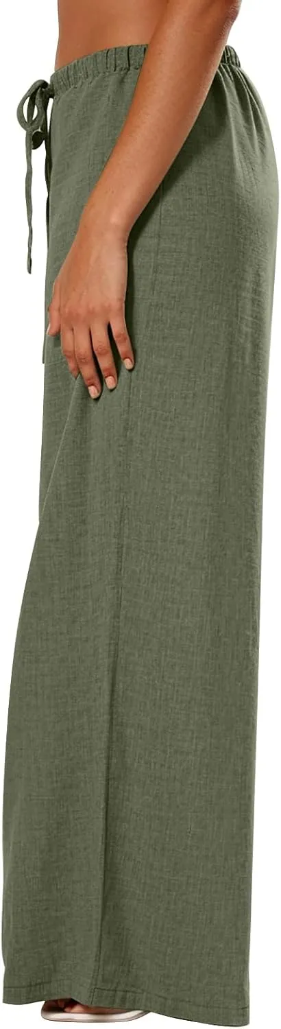 Wide Leg Linen Pants for Women Baggy Lightweight Summer Pants Casual Elastic Drawstring Waist Flowy Boho Beach Pants