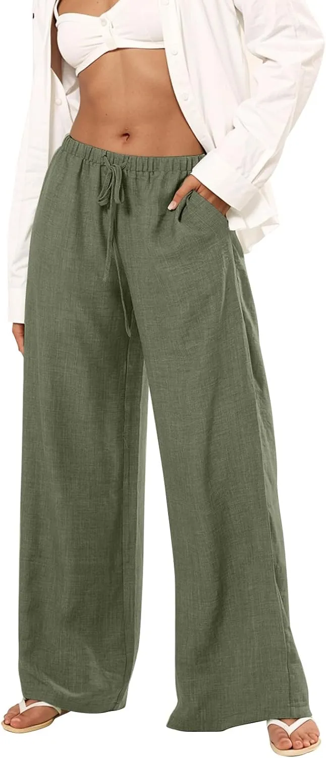 Wide Leg Linen Pants for Women Baggy Lightweight Summer Pants Casual Elastic Drawstring Waist Flowy Boho Beach Pants