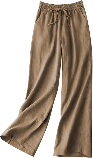 Wide Leg Linen Pants for Women Casual Drawstring Elastic Waisted Palazzo Pants Flowy Summer Beach Trousers with Pockets