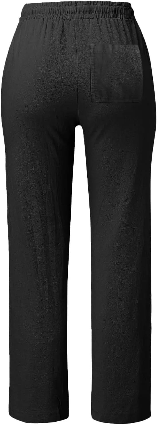 Wide Leg Linen Pants for Women Drawstring Casual Fashion Cotton Linen Pants Summer Lightweight Straight Leg Trousers