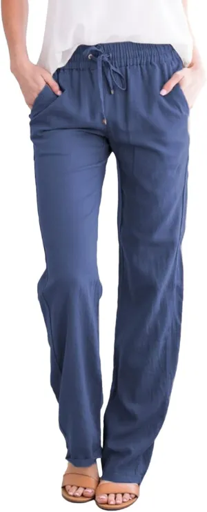 Wide Leg Linen Pants for Women Drawstring Casual Fashion Cotton Linen Pants Summer Lightweight Straight Leg Trousers