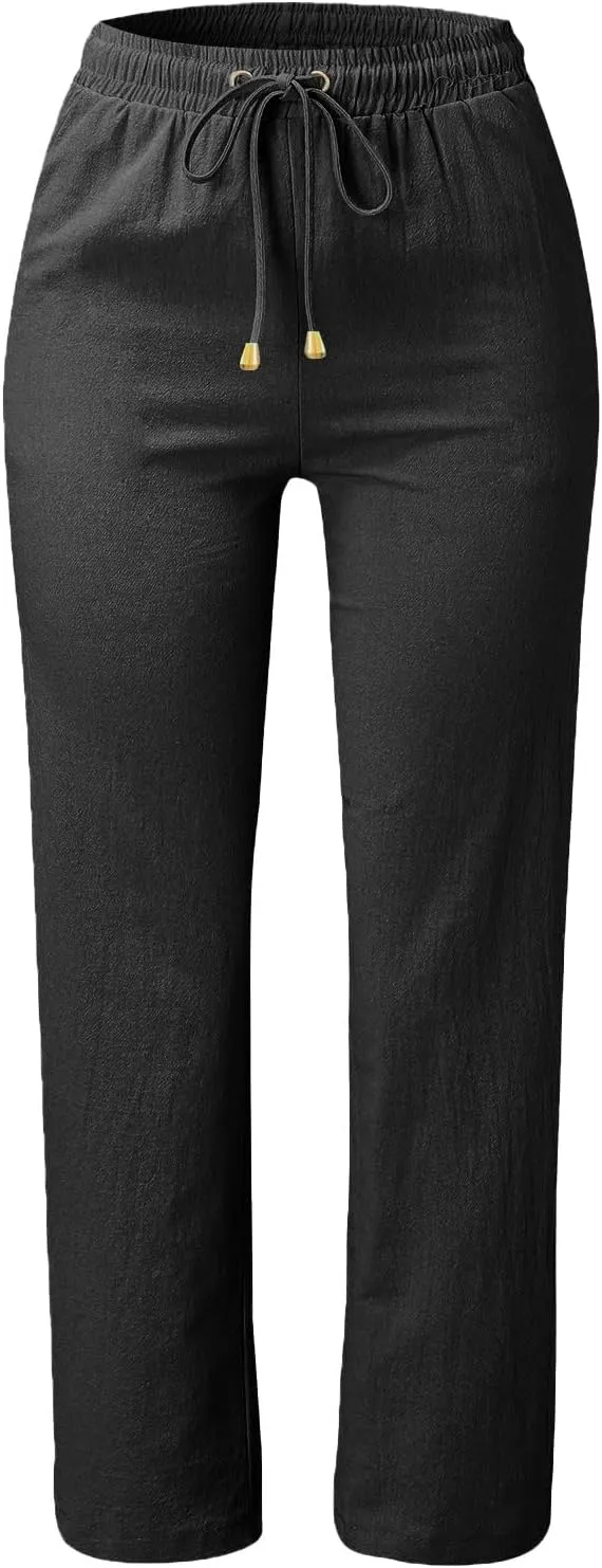 Wide Leg Linen Pants for Women Drawstring Casual Fashion Cotton Linen Pants Summer Lightweight Straight Leg Trousers