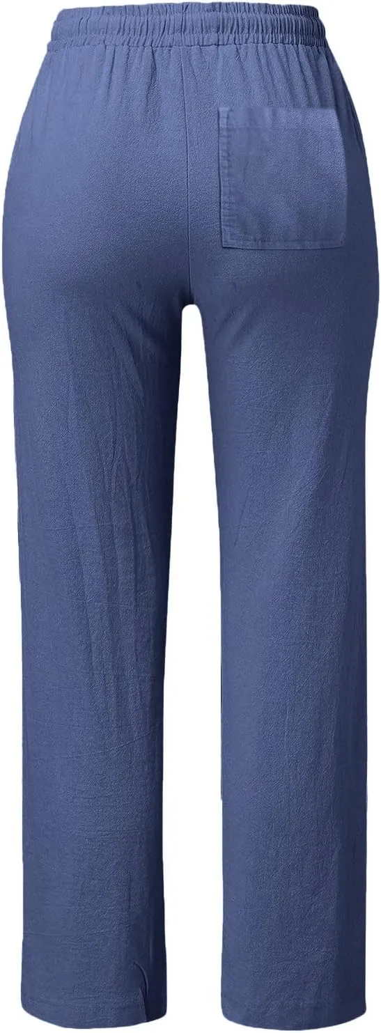 Wide Leg Linen Pants for Women Drawstring Casual Fashion Cotton Linen Pants Summer Lightweight Straight Leg Trousers
