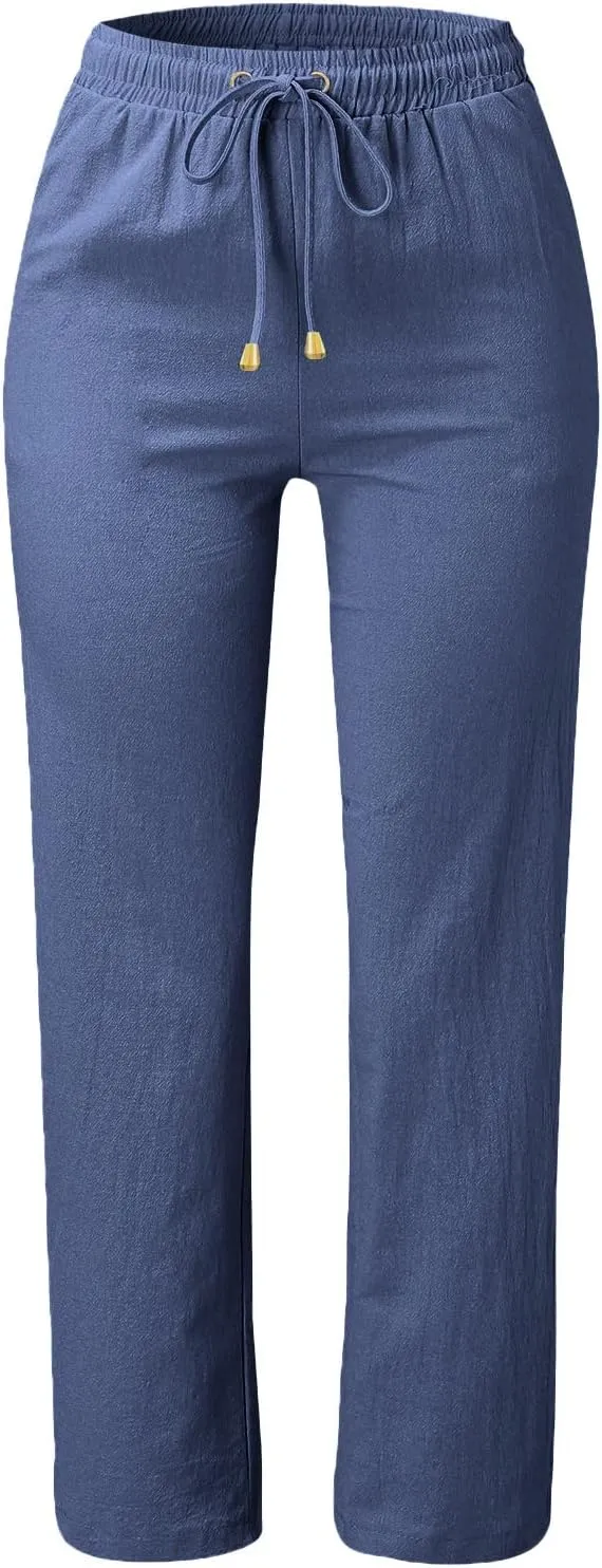 Wide Leg Linen Pants for Women Drawstring Casual Fashion Cotton Linen Pants Summer Lightweight Straight Leg Trousers