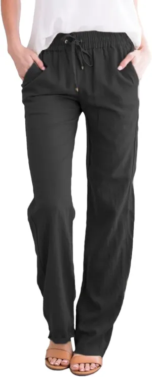 Wide Leg Linen Pants for Women Drawstring Casual Fashion Cotton Linen Pants Summer Lightweight Straight Leg Trousers