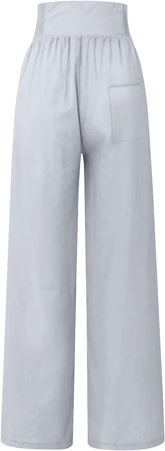 Wide Leg Linen Pants for Women Elastic Smocked Waist Palazzo Pants Lightweight Summer Boho Beach Pants with Pockets