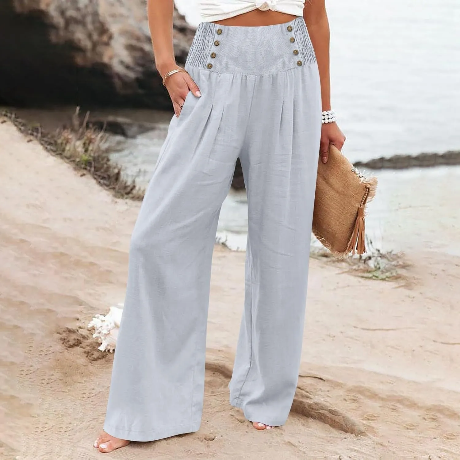 Wide Leg Linen Pants for Women Elastic Smocked Waist Palazzo Pants Lightweight Summer Boho Beach Pants with Pockets