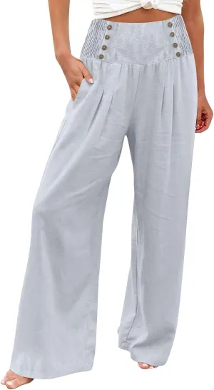 Wide Leg Linen Pants for Women Elastic Smocked Waist Palazzo Pants Lightweight Summer Boho Beach Pants with Pockets