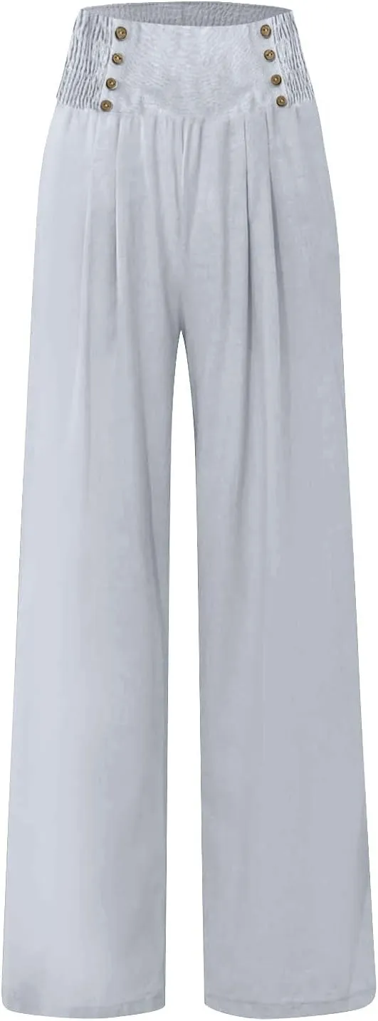 Wide Leg Linen Pants for Women Elastic Smocked Waist Palazzo Pants Lightweight Summer Boho Beach Pants with Pockets