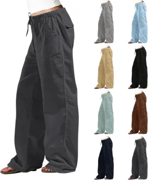 Wide Leg Linen Pants for Women Plus Size Drawstring High Waisted Palazzo Pants Baggy Flowy Boho Long Beach Pants 2025