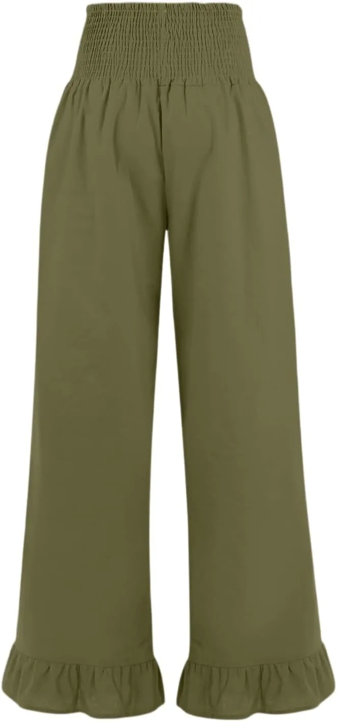 Wide Leg Linen Pants for Women Ruffled Hem Smocked Waist Flowy Beach Pants with Pockets Casual Loose Lounge Trousers