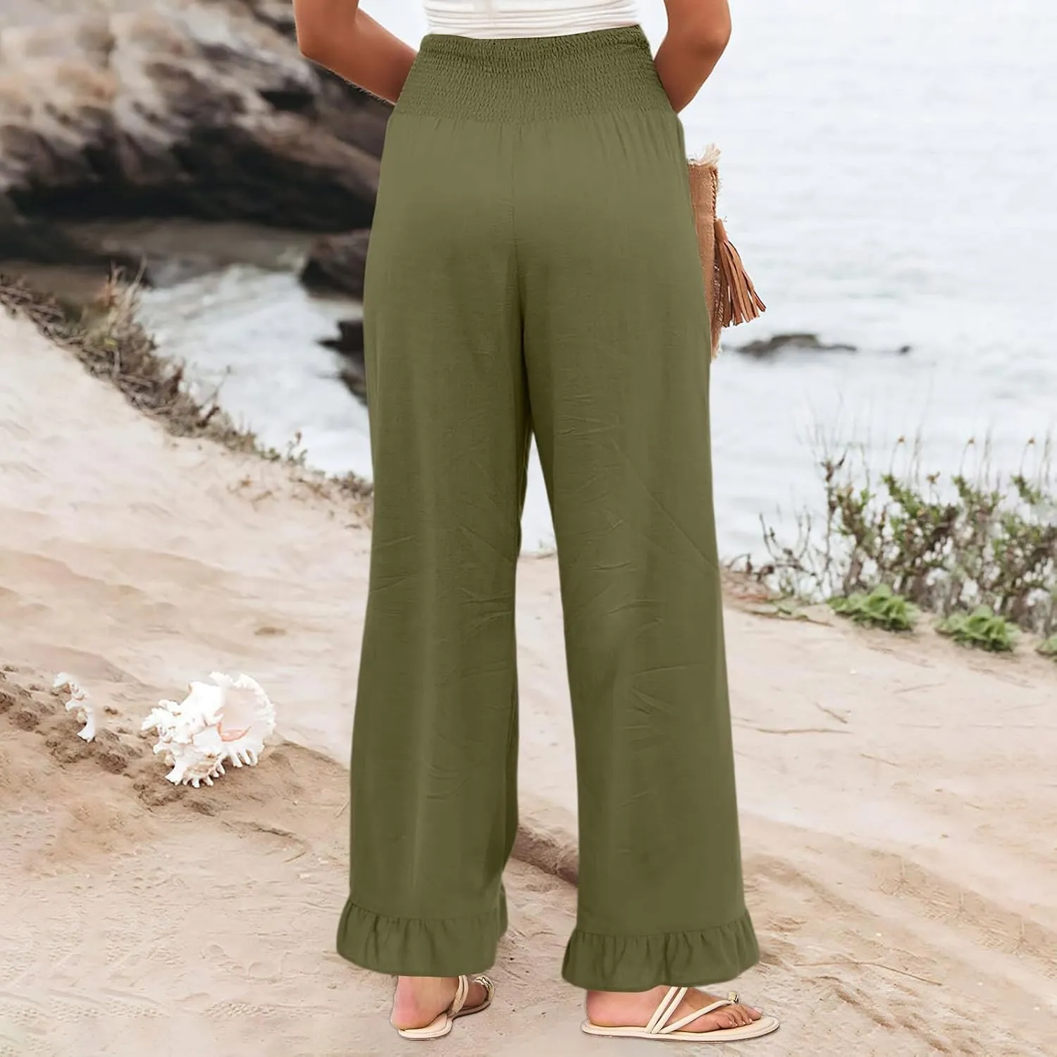 Wide Leg Linen Pants for Women Ruffled Hem Smocked Waist Flowy Beach Pants with Pockets Casual Loose Lounge Trousers