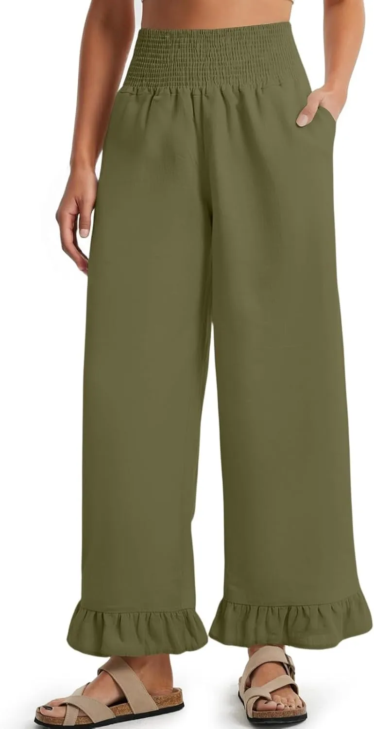 Wide Leg Linen Pants for Women Ruffled Hem Smocked Waist Flowy Beach Pants with Pockets Casual Loose Lounge Trousers