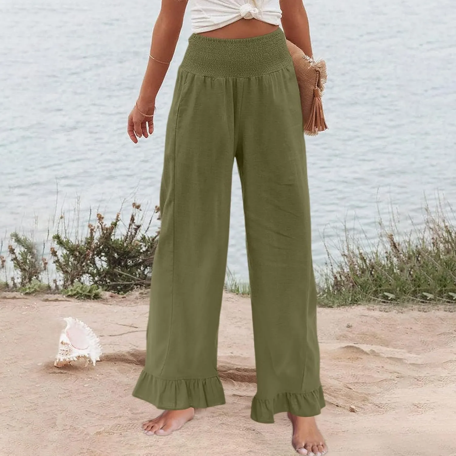 Wide Leg Linen Pants for Women Ruffled Hem Smocked Waist Flowy Beach Pants with Pockets Casual Loose Lounge Trousers
