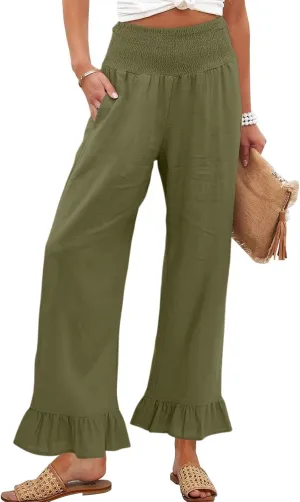 Wide Leg Linen Pants for Women Ruffled Hem Smocked Waist Flowy Beach Pants with Pockets Casual Loose Lounge Trousers