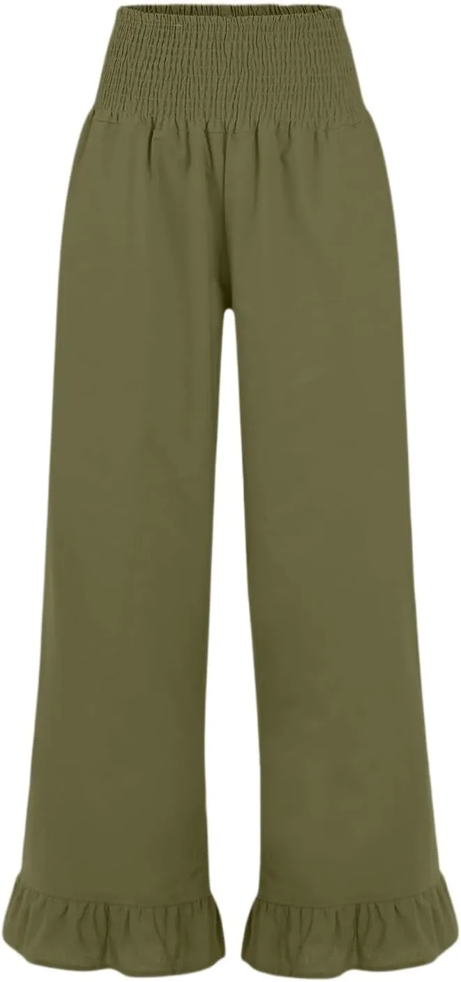 Wide Leg Linen Pants for Women Ruffled Hem Smocked Waist Flowy Beach Pants with Pockets Casual Loose Lounge Trousers